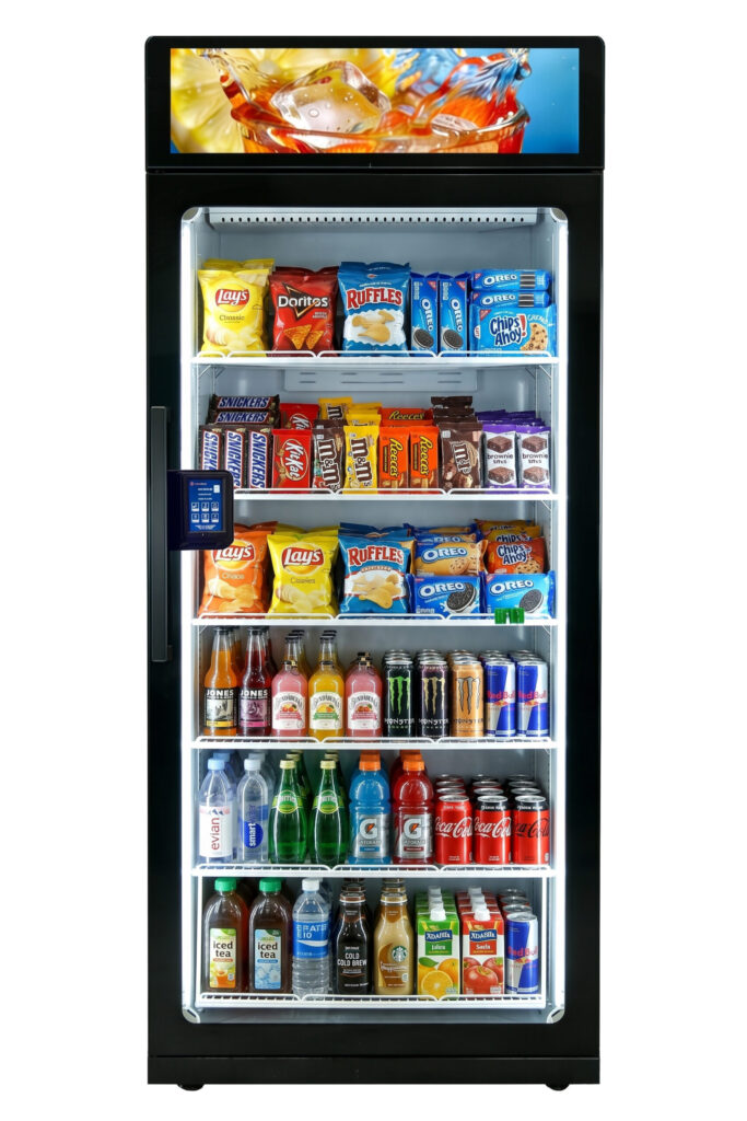 Modern smart snack and drink machine with illuminated shelves and a digital display